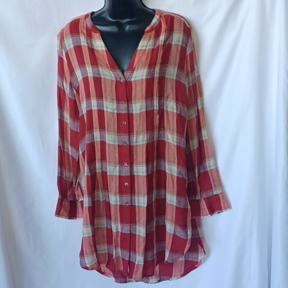 Anthropologie Akemi + Kin Women Size Small Red Lucie Plaid Long Sleeve Tunic Top